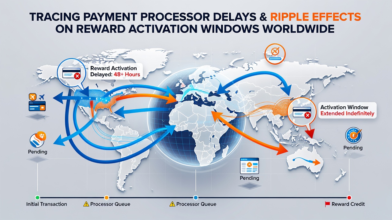 Timeline chart illustrating reward activation delays from payment processing to final credit across worldwide markets